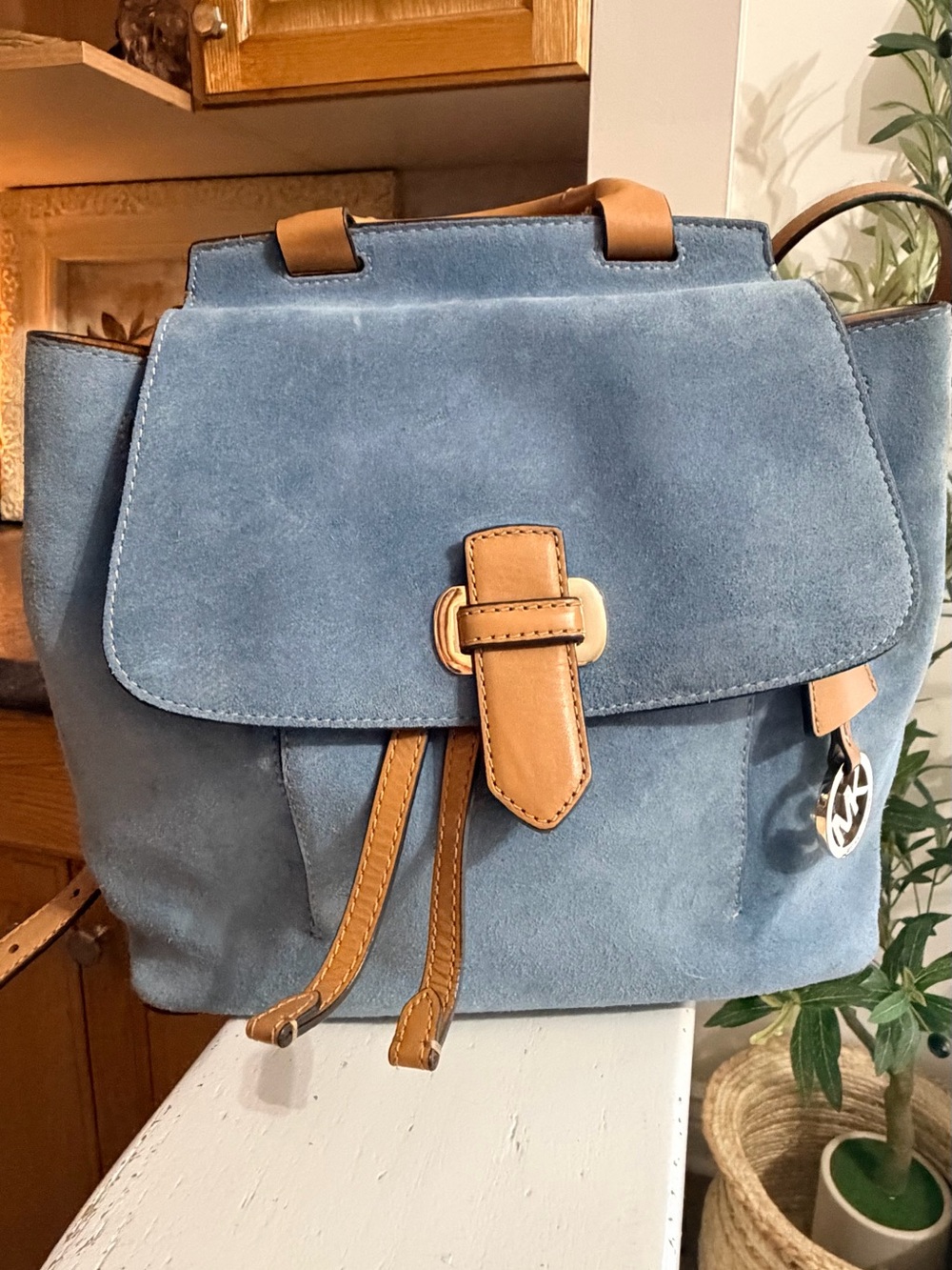 Michael Kors Blue Suede Backpack with Brown Leather Trim